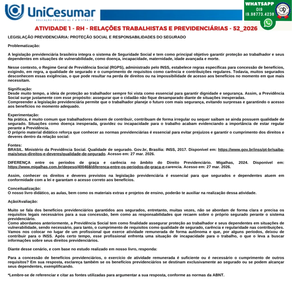 LEGISLAÇÃO PREVIDENCIÁRIA: PROTEÇÃO SOCIAL E RESPONSABILIDADES DO SEGURADO